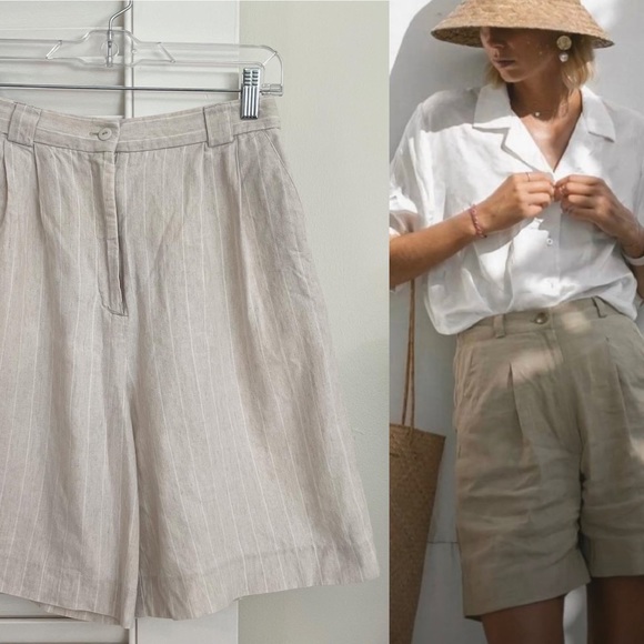 Vintage 90s Cotton-Linen Striped Highwaisted Shorts - Picture 2 of 13